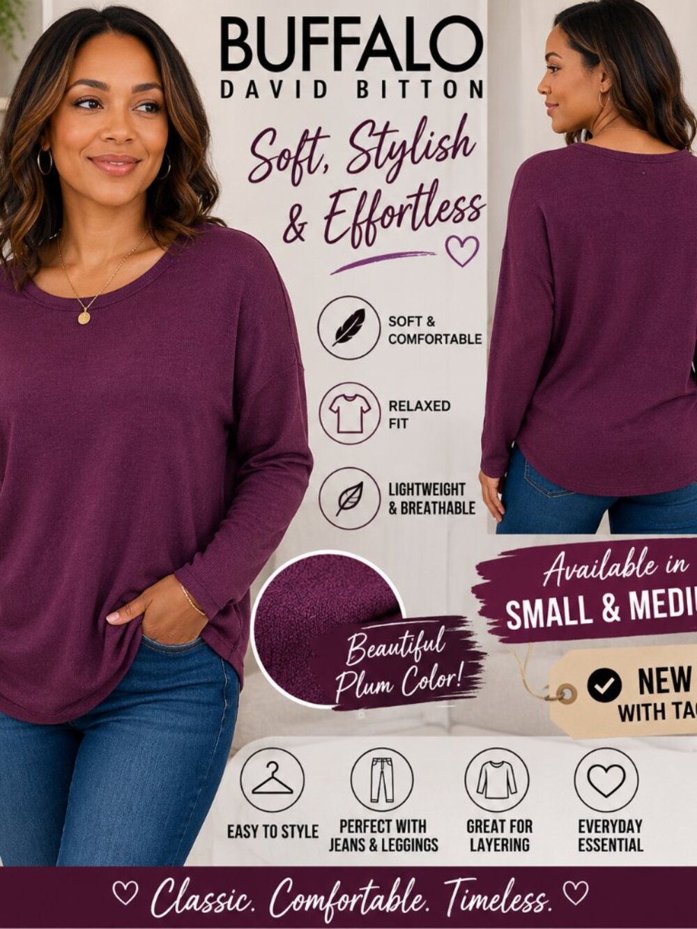 Buffalo David Bitton Women’s Ribbed Plum Long-Sleeve Women's Top